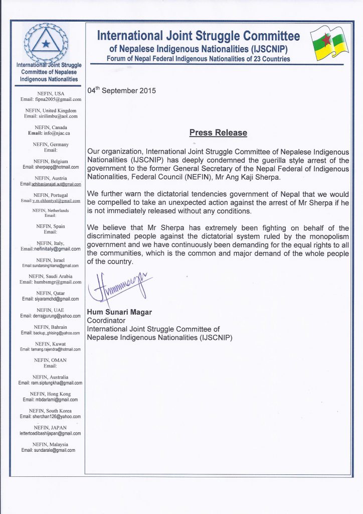 IJSNIP demands an unconditional release of Mr.Angkaji Sherpa